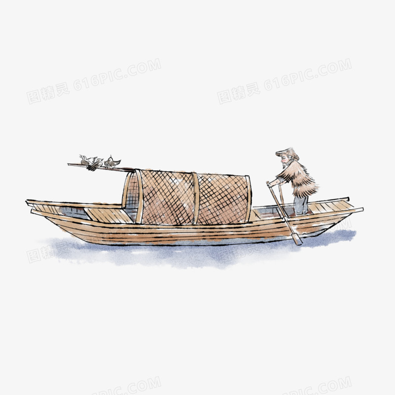手绘中国风水彩水墨渔船钓鱼老人素材