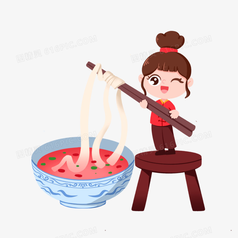 手绘女孩站在椅子上卷面条素材