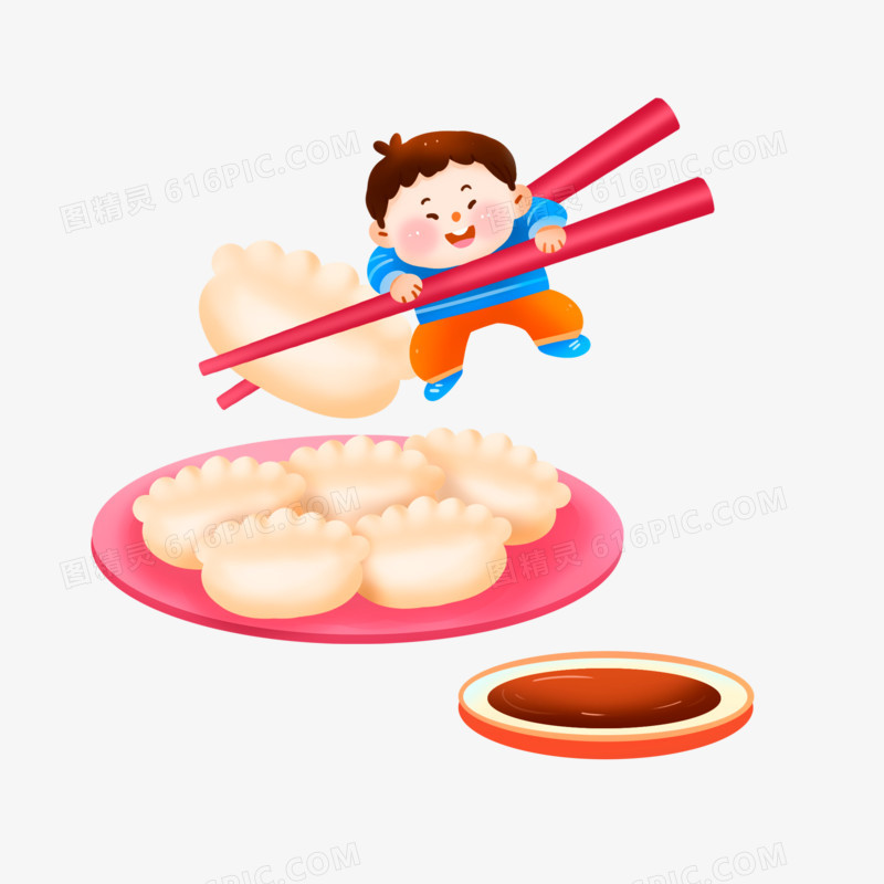 卡通手绘小男孩吃饺子免抠元素