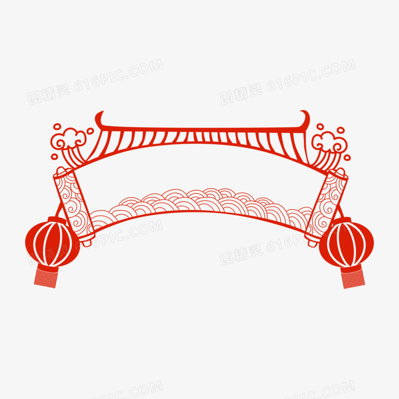 中式红色圆灯笼剪纸牌匾标题框元素