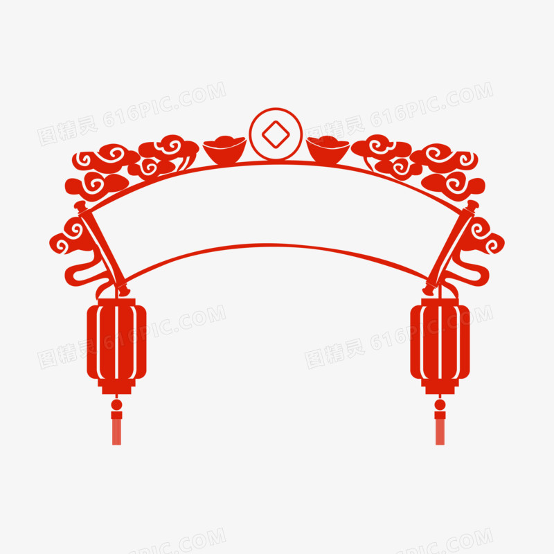 中式红色剪纸牌匾标题框元素