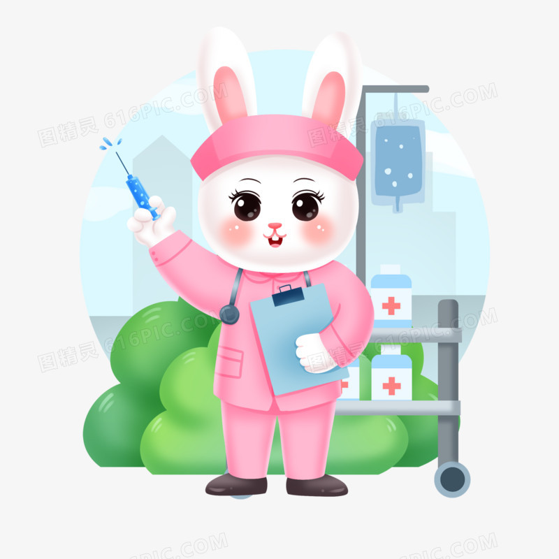 手绘插画风各行各业的职业兔子形象之护士兔元素
