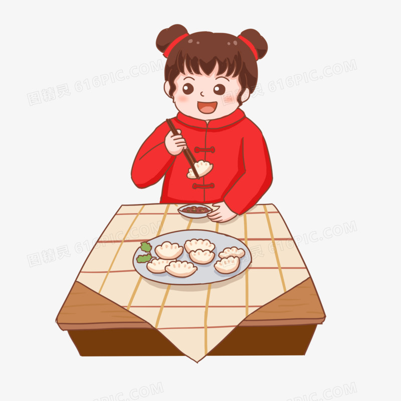 手绘卡通女孩吃饺子元素