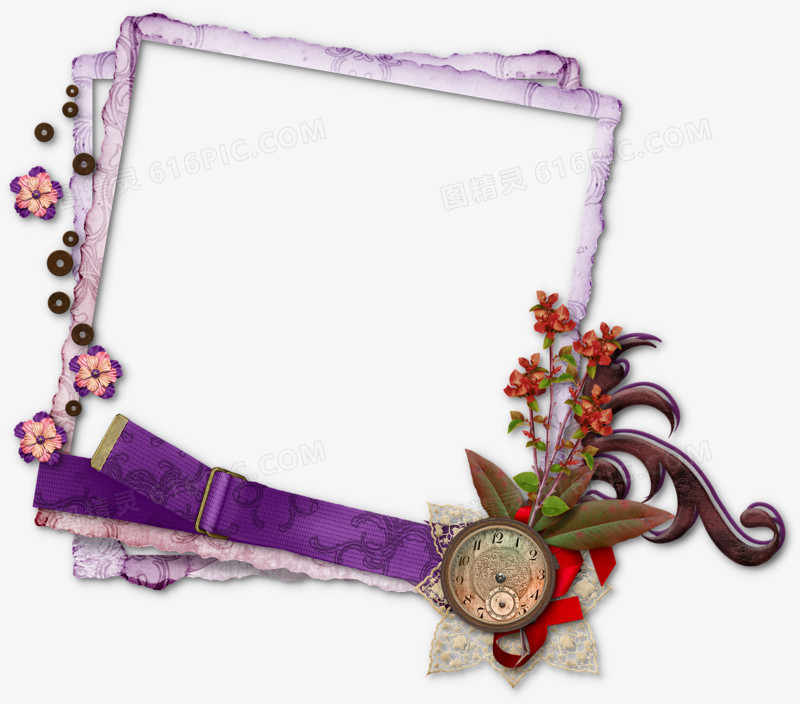 紫色花朵装饰时钟边框相框