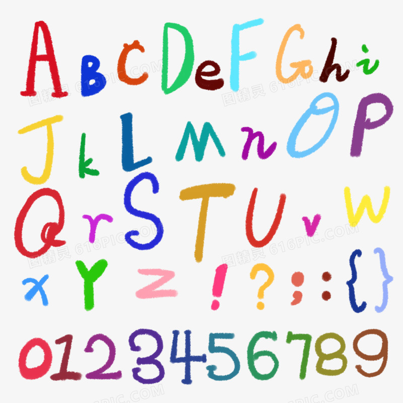 一组手绘彩色英文字母数字元素