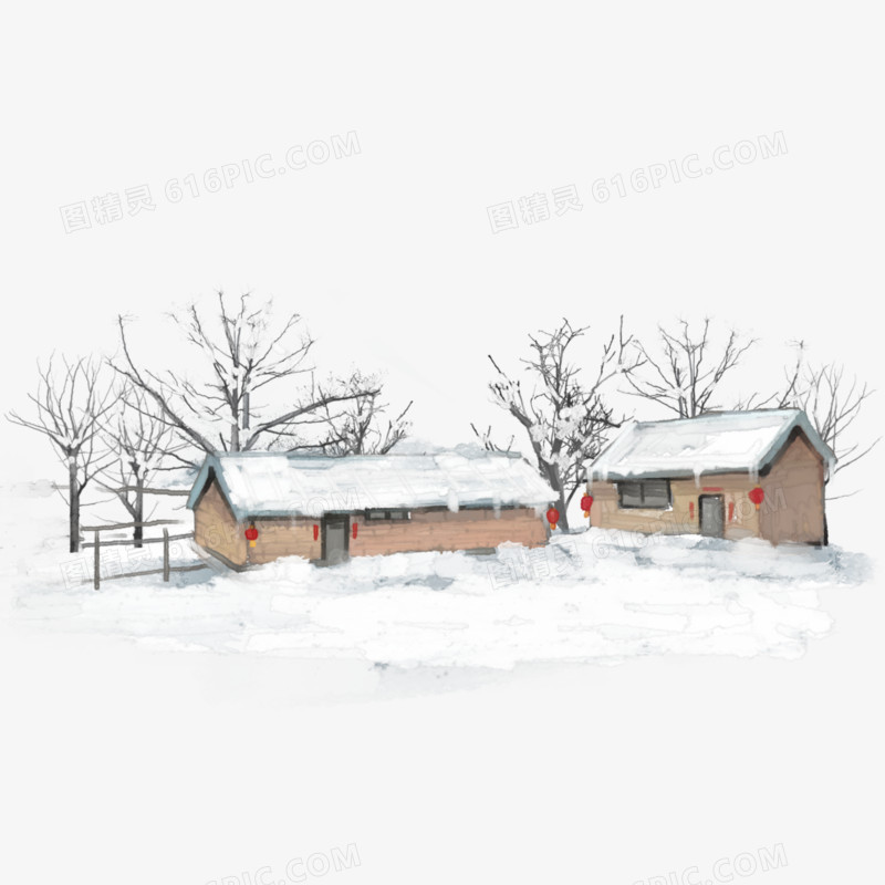 手绘插画乡村雪景元素