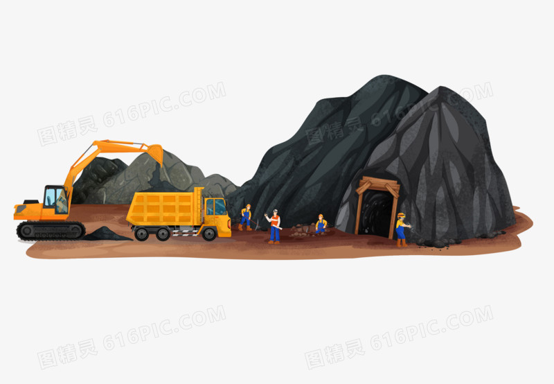 手绘卡通多人挖煤场景素材
