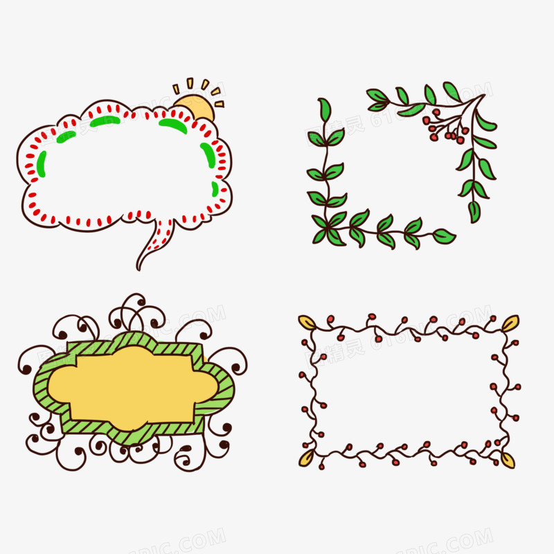 一组卡通植物涂鸦边框合集元素