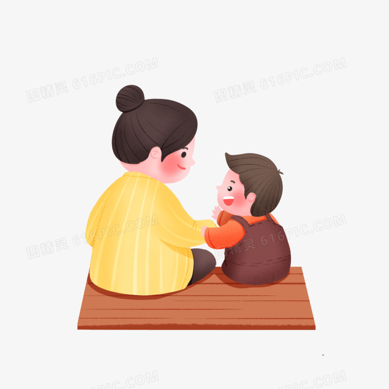 手绘卡通妈妈和孩子坐着的背影素材