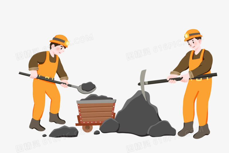 卡通扁平风双人挖煤挖矿人物场景素材