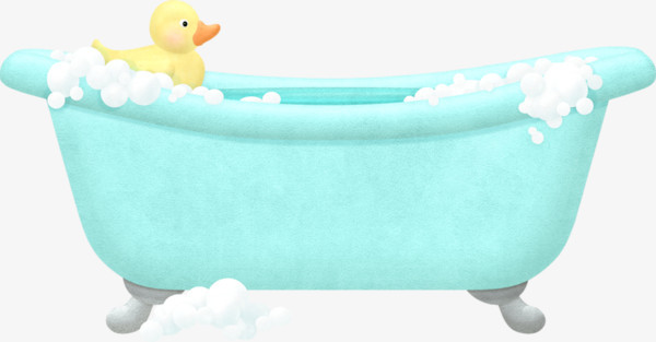 手绘蓝色浴缸里的小黄鸭