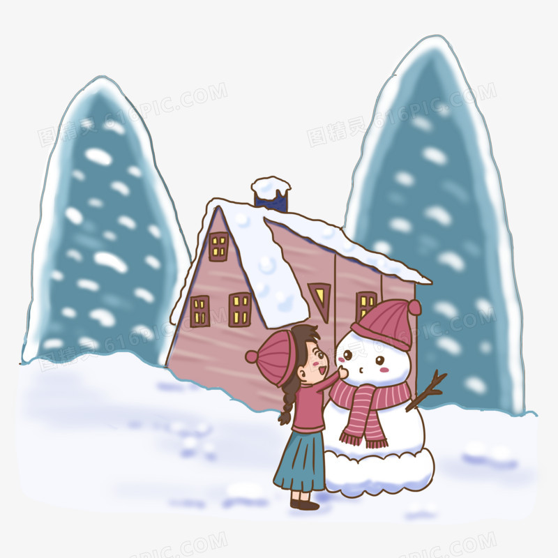 手绘卡通女孩冬季堆雪人免抠元素