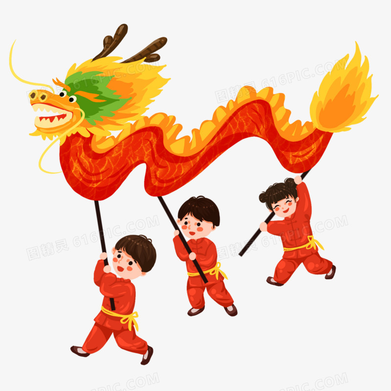 卡通手绘中国风节日耍龙灯素材