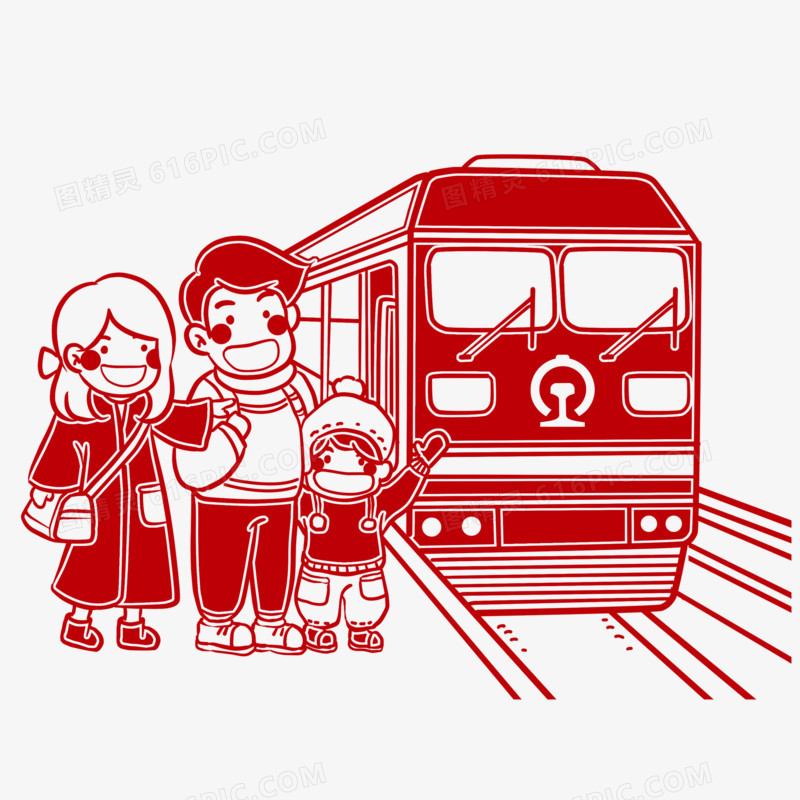 手绘红色线描剪纸一家人跟火车动车场景素材