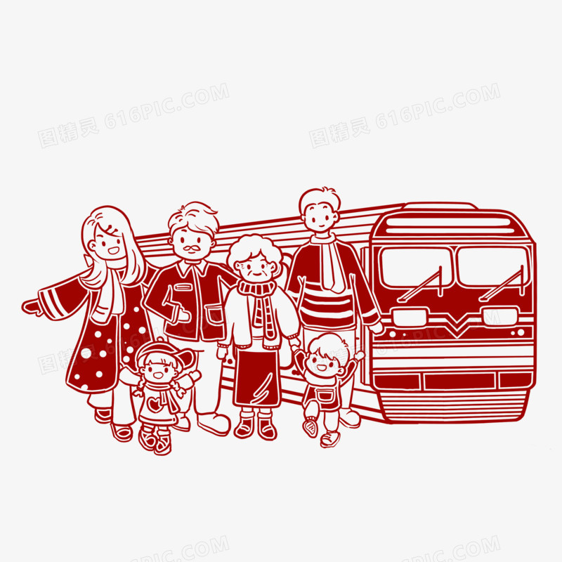 手绘红色线描一家人和动车合影剪纸场景素材