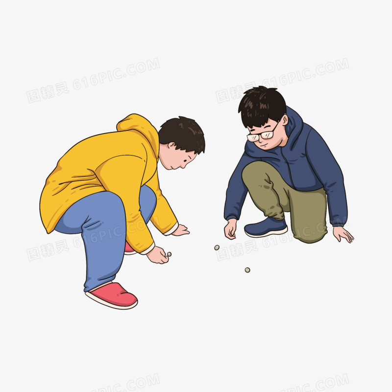 卡通手绘两个小朋友打弹珠免抠元素