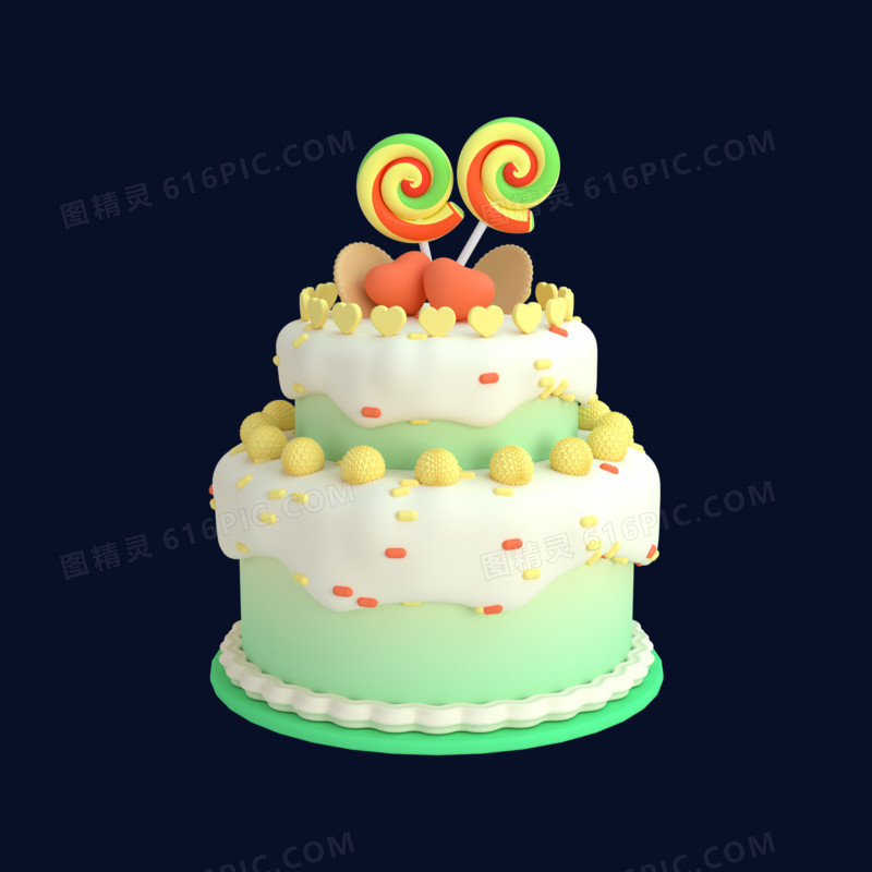 绿色C4D棒棒糖生日蛋糕元素