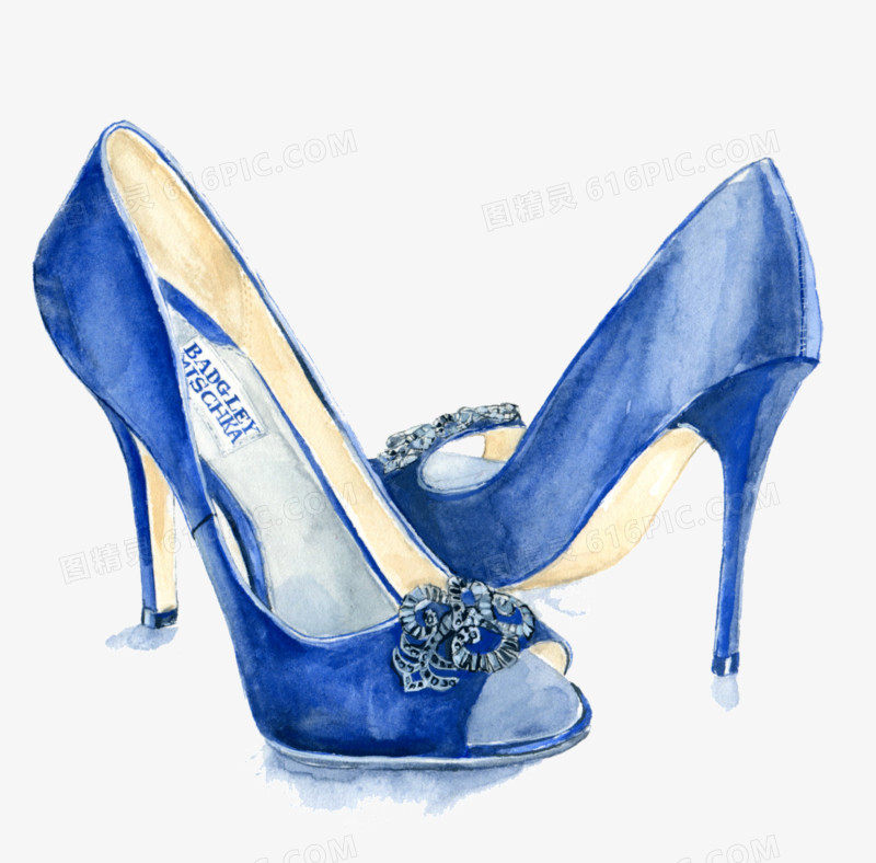 本设计作品为蓝色手绘高跟鞋,格式为png,尺寸为1500x14