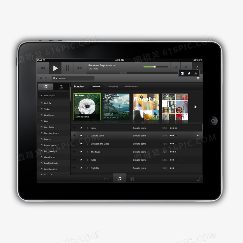 黑色iPad音乐播放界面素材