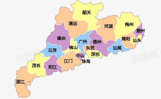 彩色广东地图和行政区域