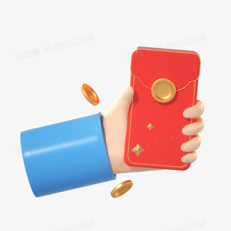 3D立体手拿红包促销活动金币手势元素