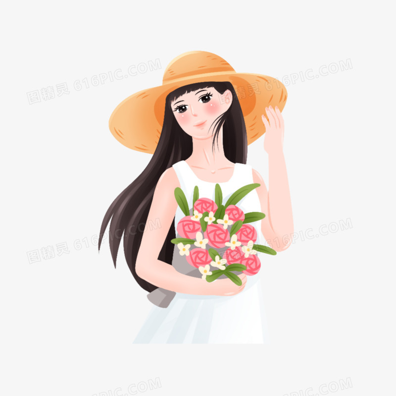 手绘唯美捧着鲜花戴着草帽的少女元素
