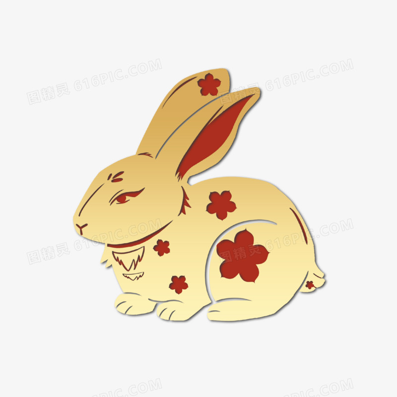 红金色春节兔年兔子剪纸免抠素材