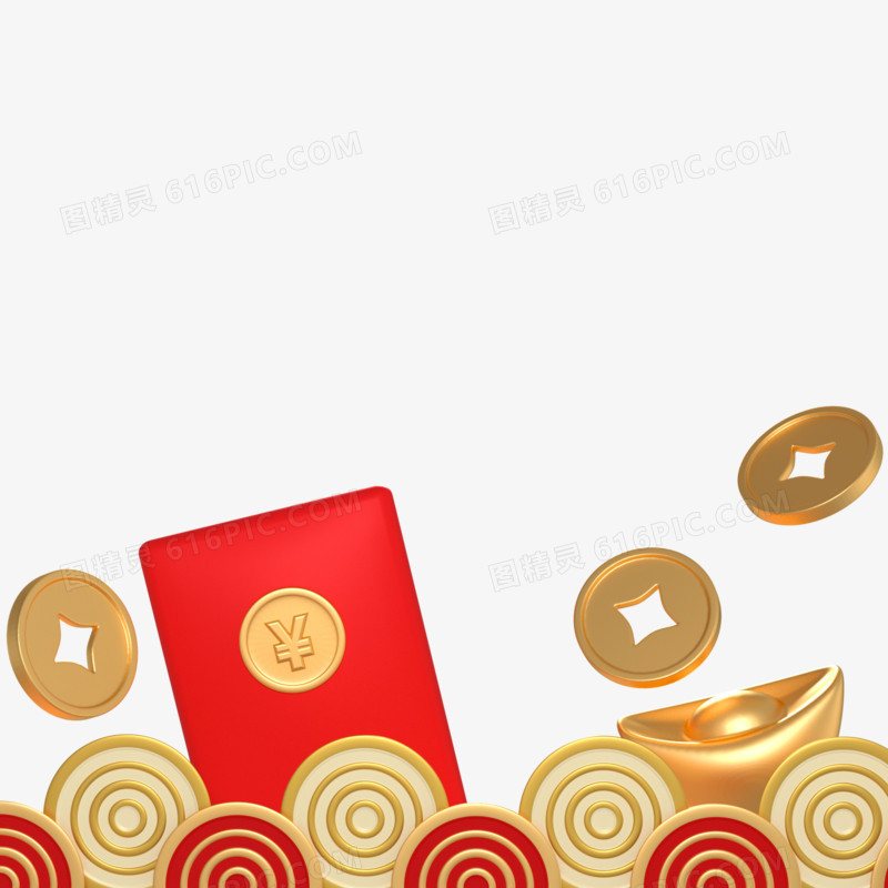 C4D红色金币红包底边装饰元素