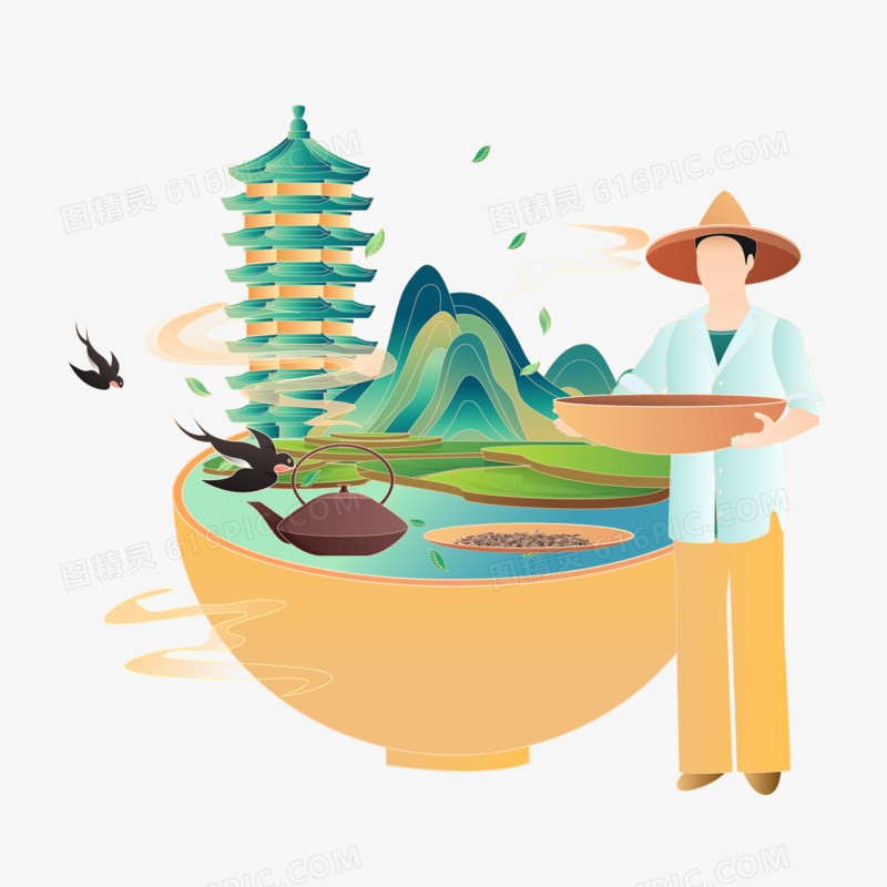 手绘国潮茶文化微景观素材