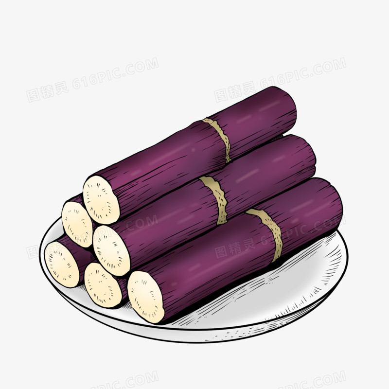手绘装盘紫皮小段甘蔗素材