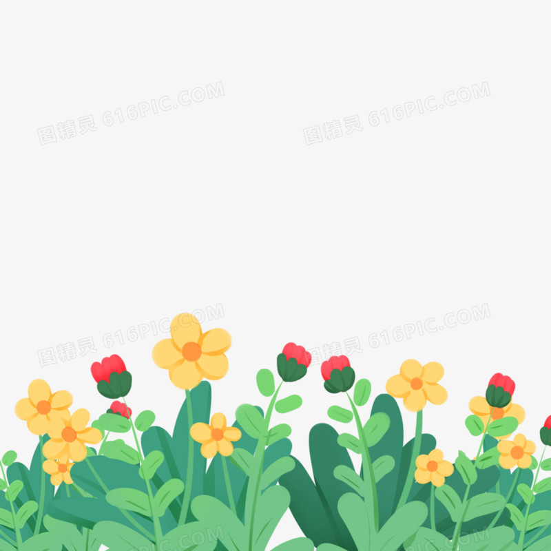 手绘卡通小清新花丛花朵植物装饰免抠素材
