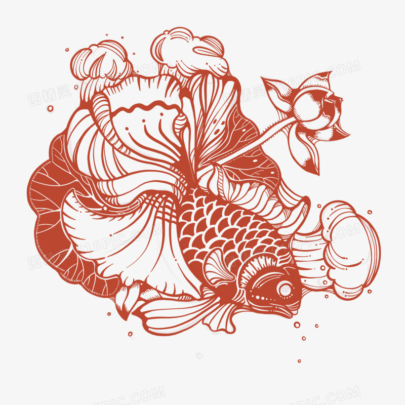 手绘红色金鱼剪纸免抠装饰图案元素
