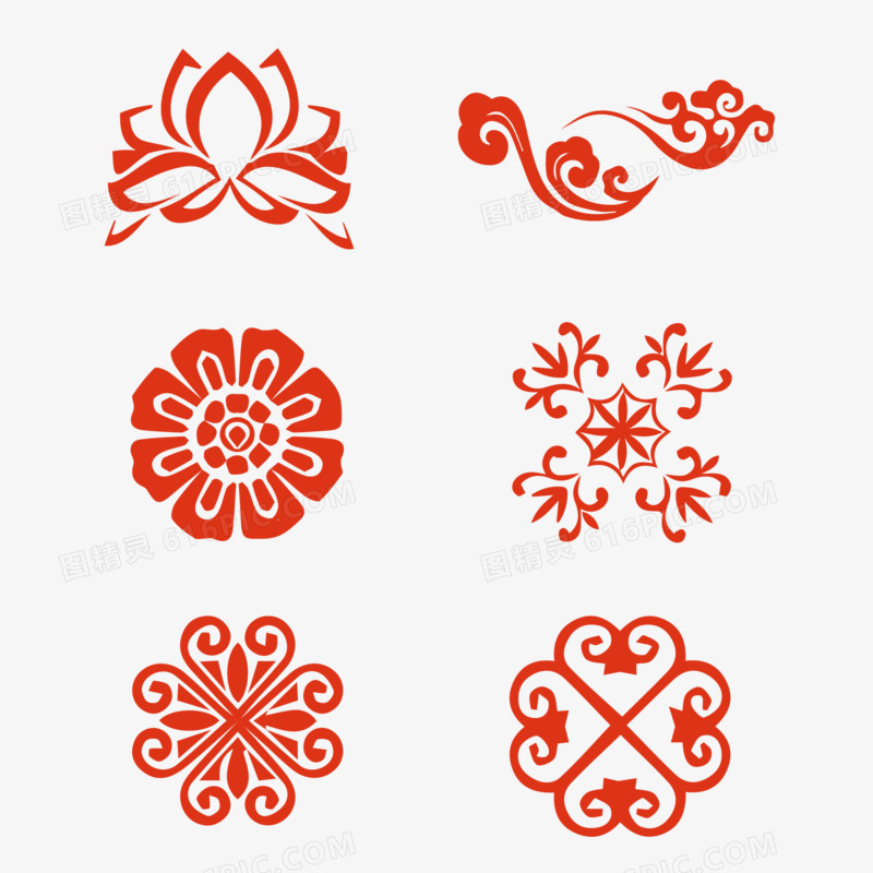 一组红色中国风花纹剪纸套图合集装饰素材