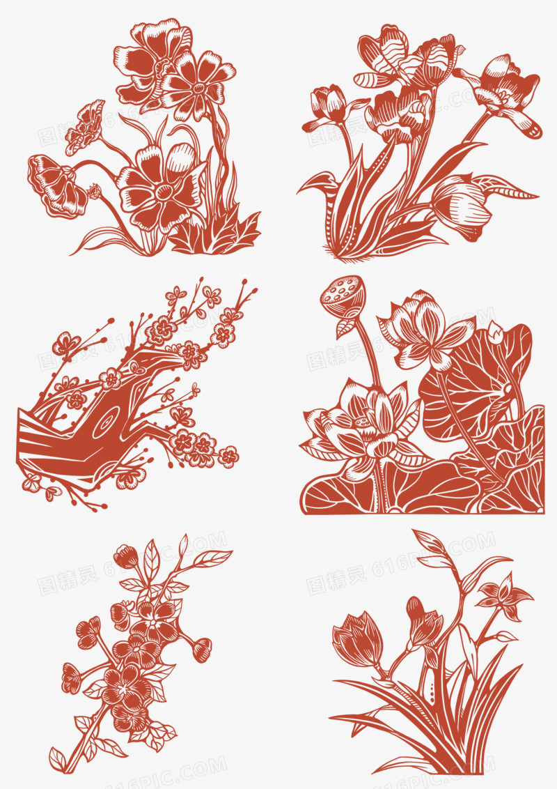 一组红色花卉剪纸插画免抠元素