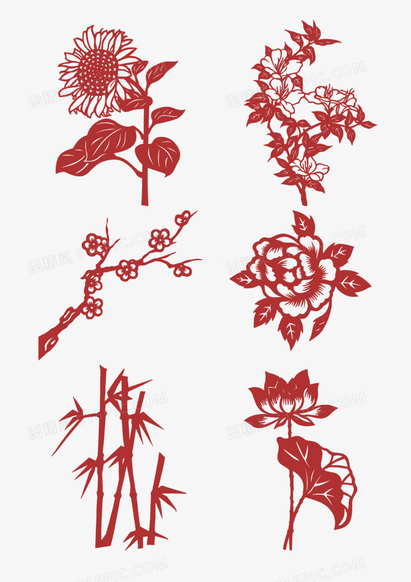 一组红色剪纸植物花卉装饰元素