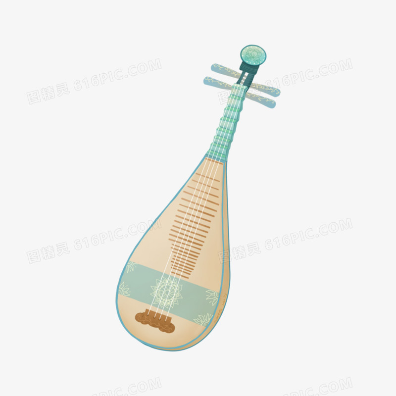 一组青色调手绘国风乐器套图之琵琶免抠素材