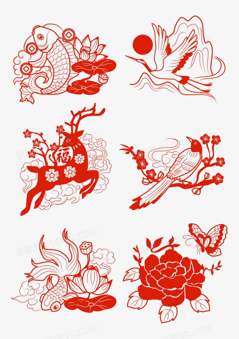 一组红色动物剪纸合集装饰元素