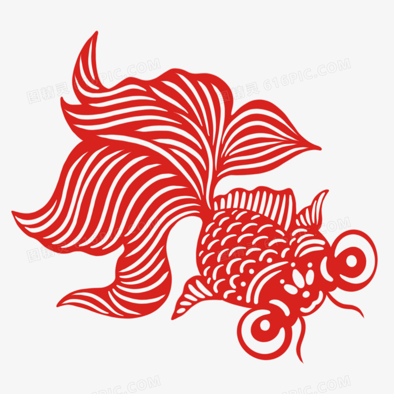 红色剪纸金鱼装饰元素