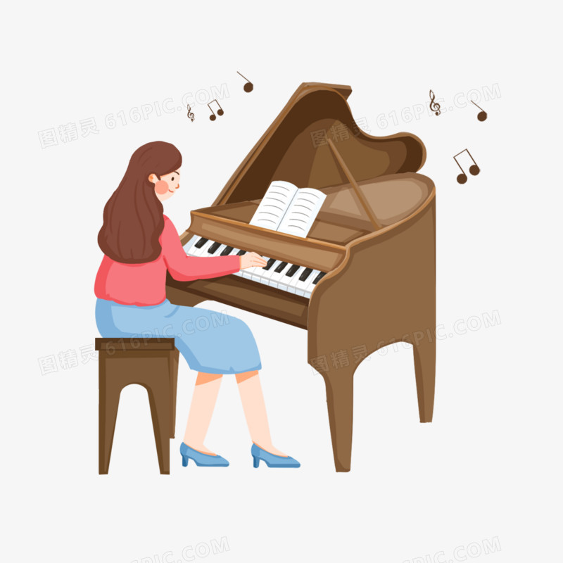 卡通手绘免抠弹钢琴的女孩素材