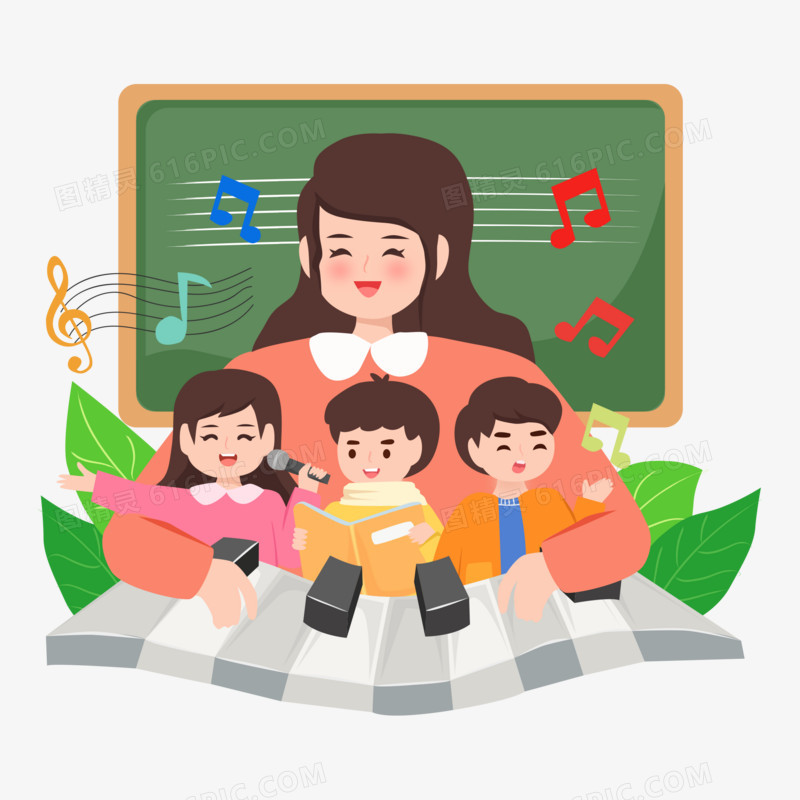卡通矢量创意老师教学生唱歌弹琴场景素材