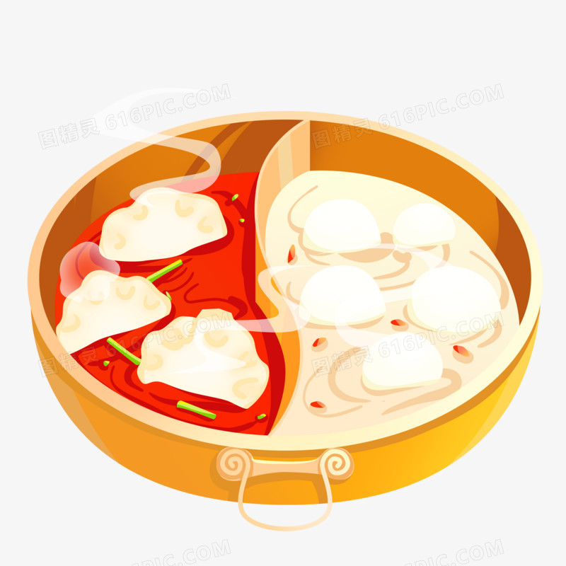 手绘插画风饺子和汤圆鸳鸯锅元素