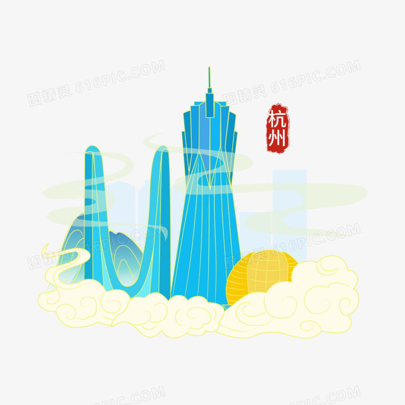 手绘矢量国潮城市旅游地标杭州素材