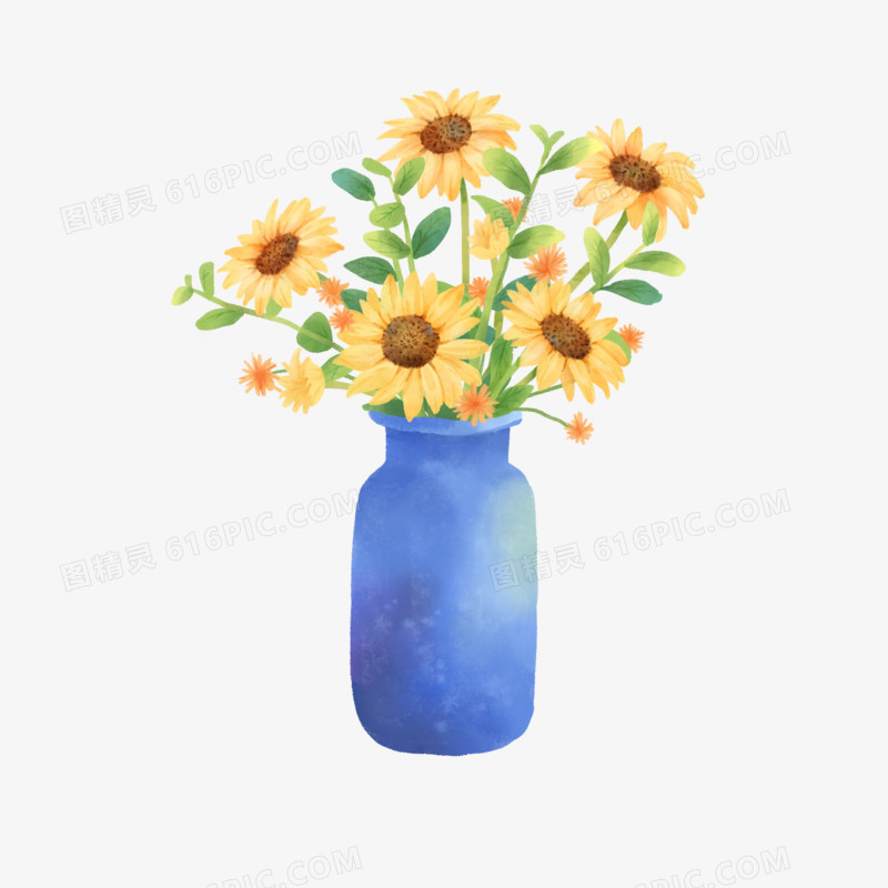 手绘水彩向日葵插花花瓶素材