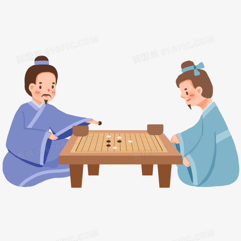 手绘下棋的古人形象免抠元素