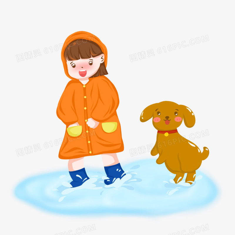 卡通小女孩和小狗踩水场景素材