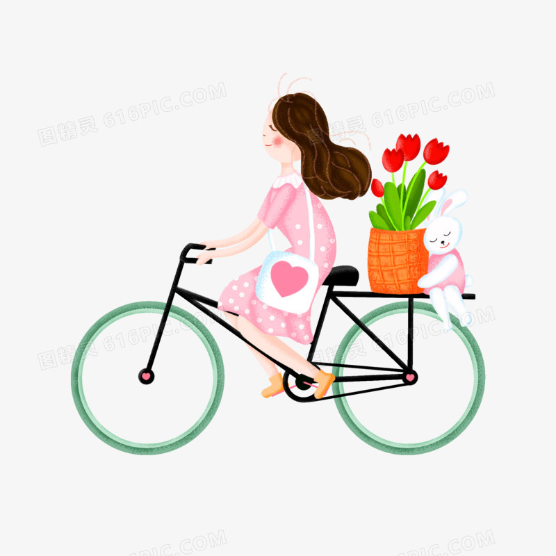 手绘创意女孩和小兔子一起骑车免抠素材