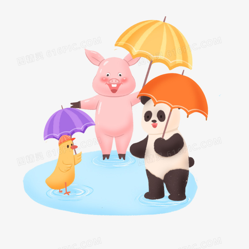 手绘卡通小动物撑伞踩水免抠元素