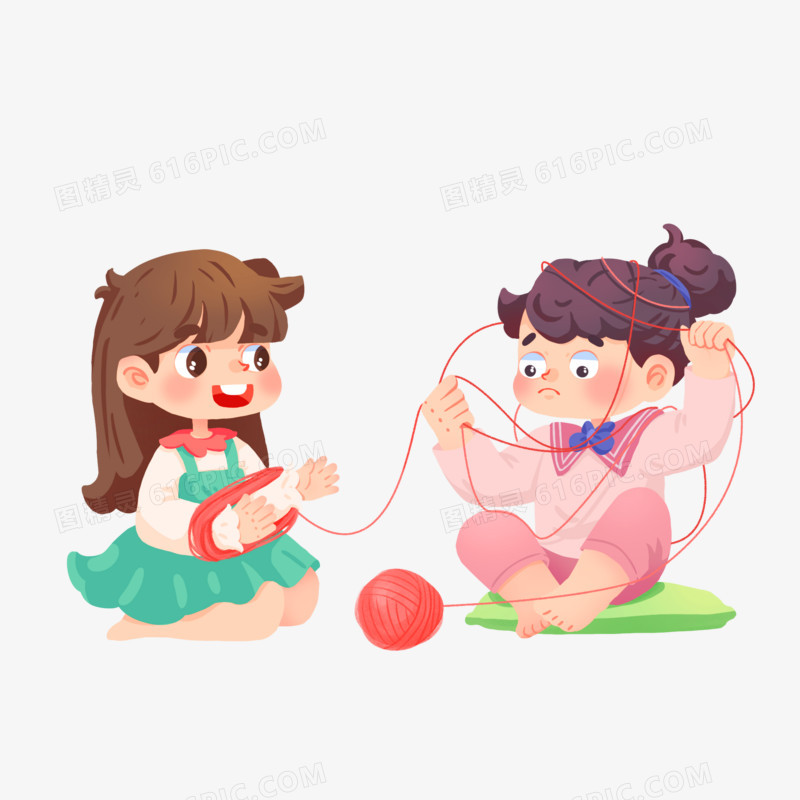 手绘两个小女孩一起卷毛线球素材