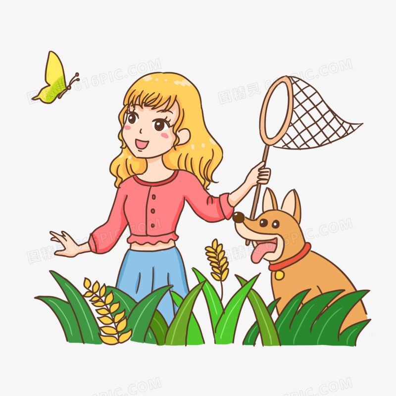 手绘卡通女孩与宠物捕捉蝴蝶免抠元素