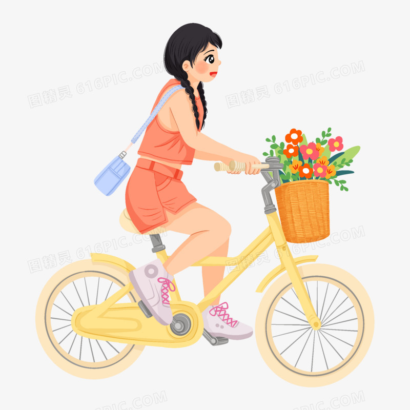 手绘插画风骑自行车的女孩免抠元素